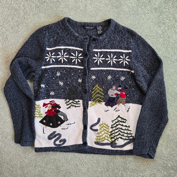 Vintage Reference Point Beaded Holiday Cardigan sz Medium Ice Skaters Christmas - Picture 1 of 12